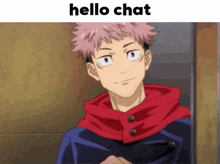 a picture of a anime character with the words hello chat on top