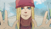 a pixel art drawing of a girl wearing a red beanie