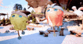 two cartoon characters standing on a beach with buttons on their feet