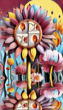 a painting of flowers with a circle in the middle that says ' occ ' on it