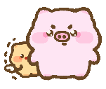 a pink pig and a yellow duck are sitting next to each other .