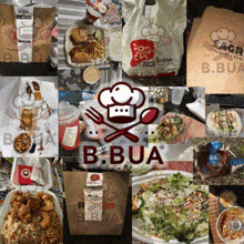 a collage of pictures of food and b.bua