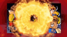 a cartoon character with a smile on his face is surrounded by a large explosion of fire .