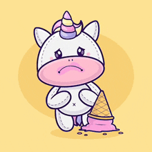 a stuffed unicorn is holding a melted ice cream cone in its paws .
