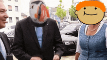 a man in a suit has a fish on his head and a woman in a blue dress has a smiley face on her head