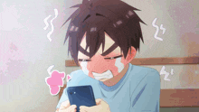 a cartoon of a boy crying while holding a phone