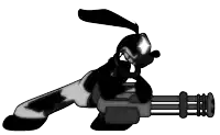 a black and white cartoon character is holding a gun in his hand .