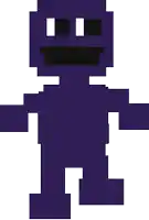 a pixel art drawing of a purple robot with black eyes and a black mouth .