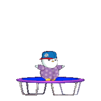 a cartoon character is jumping on a trampoline while wearing a purple shirt with polka dots