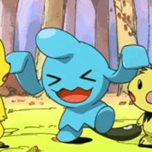 a cartoon drawing of a blue rabbit with a smiley face