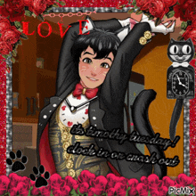 a picture of a man in a tuxedo with a black cat and the words love