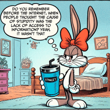 a cartoon of bugs bunny holding a stanley cup in a bedroom