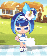 a girl with blue hair and a flower in her hair is standing on a checkered table cloth