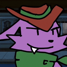 a cartoon drawing of a purple cat wearing a green shirt and a hat