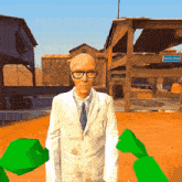 a man in a white suit and tie stands in front of a building that says mental point