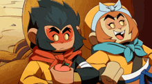 two cartoon monkeys are standing next to each other with one holding an apple