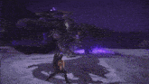 a person is standing in front of a purple lightning bolt