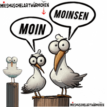 a cartoon of seagulls with speech bubbles that say moin