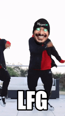 a man wearing a black hat and a red jacket is dancing with the word lfg below him