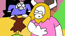 a couple of cartoon characters standing next to each other . one of the characters has horns on his head .