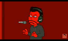 a cartoon of a man talking into a microphone next to a dog