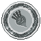 a black and white pixel art of a coin with a hand in the middle .