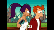 a couple of cartoon characters standing next to each other with the word oops on the bottom right