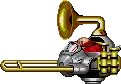 a cartoon of a man playing a trombone with a phonograph attached to it .