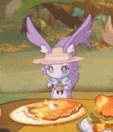 a cartoon bunny wearing a hat is sitting at a table with food
