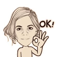a black and white drawing of a woman giving an ok sign