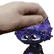 a person is petting a stuffed animal with a purple haircut .