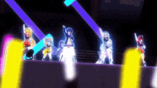 a group of anime characters are dancing on a stage in a dark room .