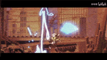 a cartoon character is standing in front of a building with a lightning bolt coming from it .