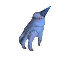 a blue hand with stitches and a cone on top
