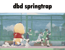 a cartoon of a mascot running on a field with the words dbd springtrap below it