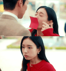 a woman in a red shirt has a piece of paper in her mouth