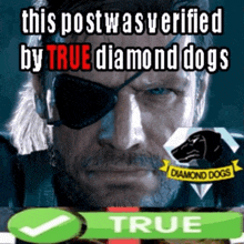 a picture of a man with an eye patch and the words " this post was verified by true diamond dogs " at the bottom