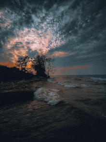 a sunset over a body of water with trees in the background