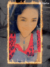 a woman in overalls is surrounded by flames and the word capcut is on the bottom right