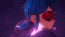 a close up of a person 's face with a purple background and a purple light coming out of it .