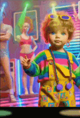 a cartoon of a little girl wearing a rainbow colored outfit