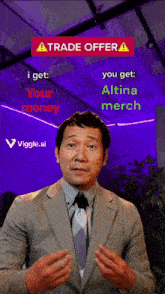 a man in a suit and tie is standing in front of a sign that says a trade offer
