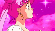 a girl with pink hair and a white dress looks up at the sky