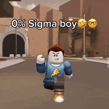 a cartoon character is running down a street with the words 0 % sigma boy written above him