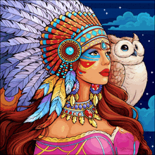 an illustration of a woman in a native american headdress with an owl