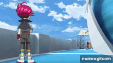a cartoon character with pink hair is standing on a blue surface with make a gif.com in the corner