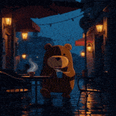 a cartoon of a teddy bear drinking coffee in the rain
