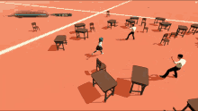 a video game with tables and chairs and a timer that says 16.32