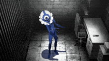 a person in a blue costume with a white circle on their head