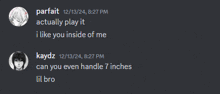 a screenshot of a conversation between kaydz and parfait at 8:27 pm